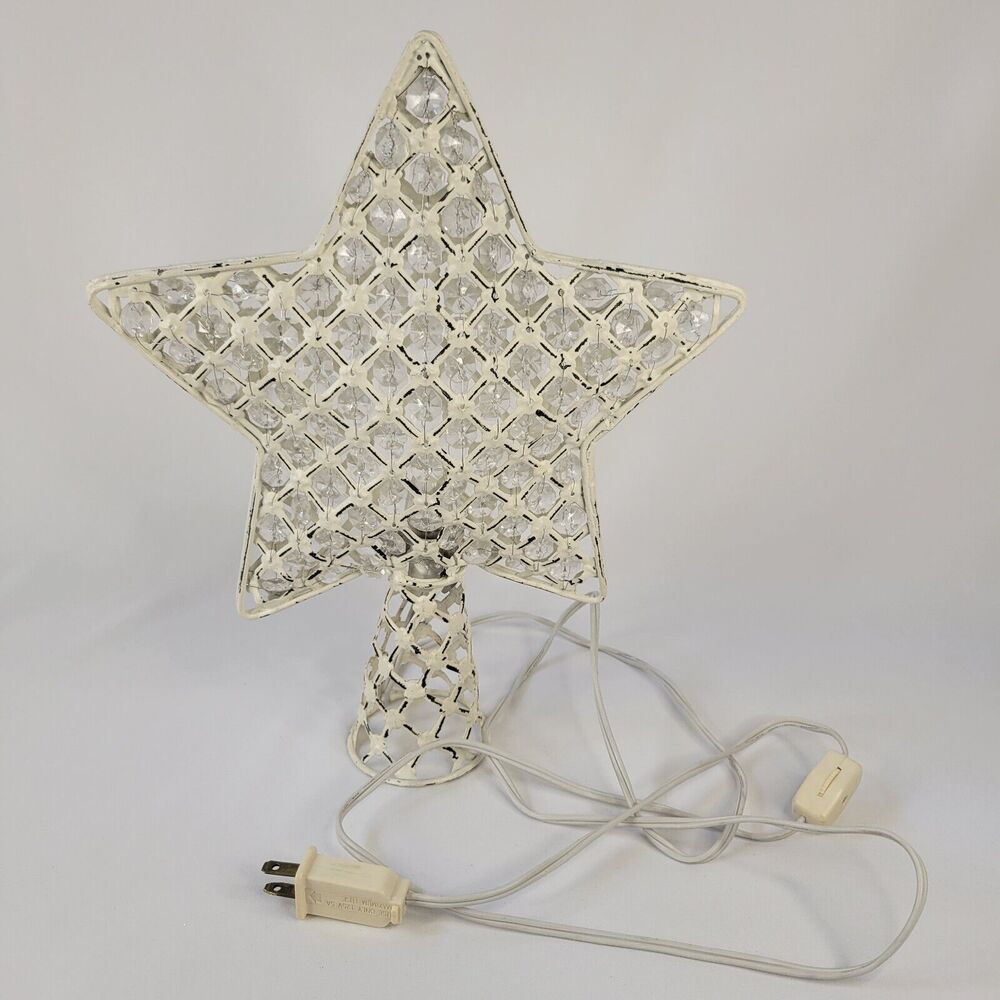 Vtg White Washed Metal Farmhouse Star Gems Christmas Tree Topper Lights Up 13"